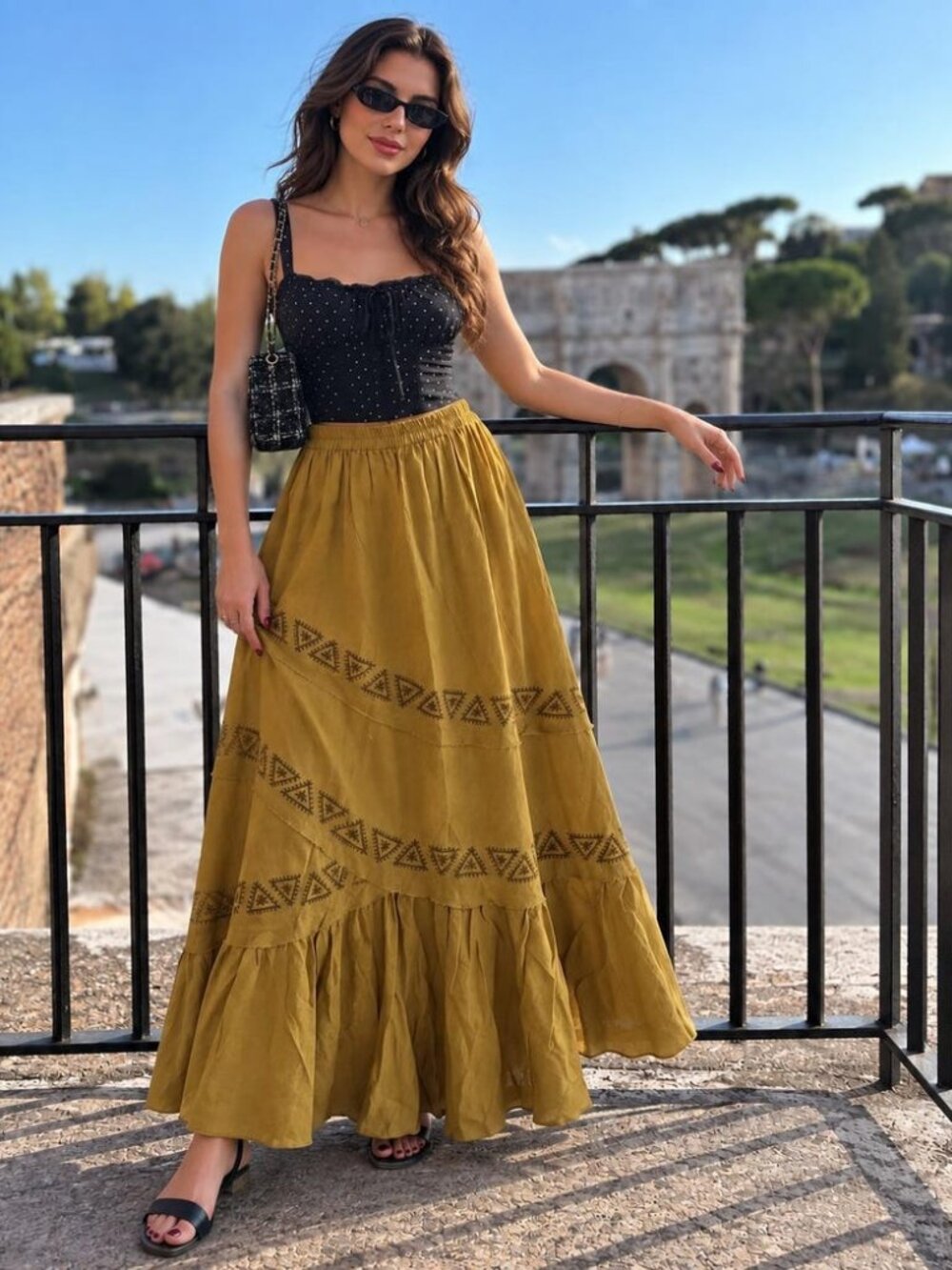 Thearah Gold Organic Cotton Block Print Maxi Skirt, Triangle Border